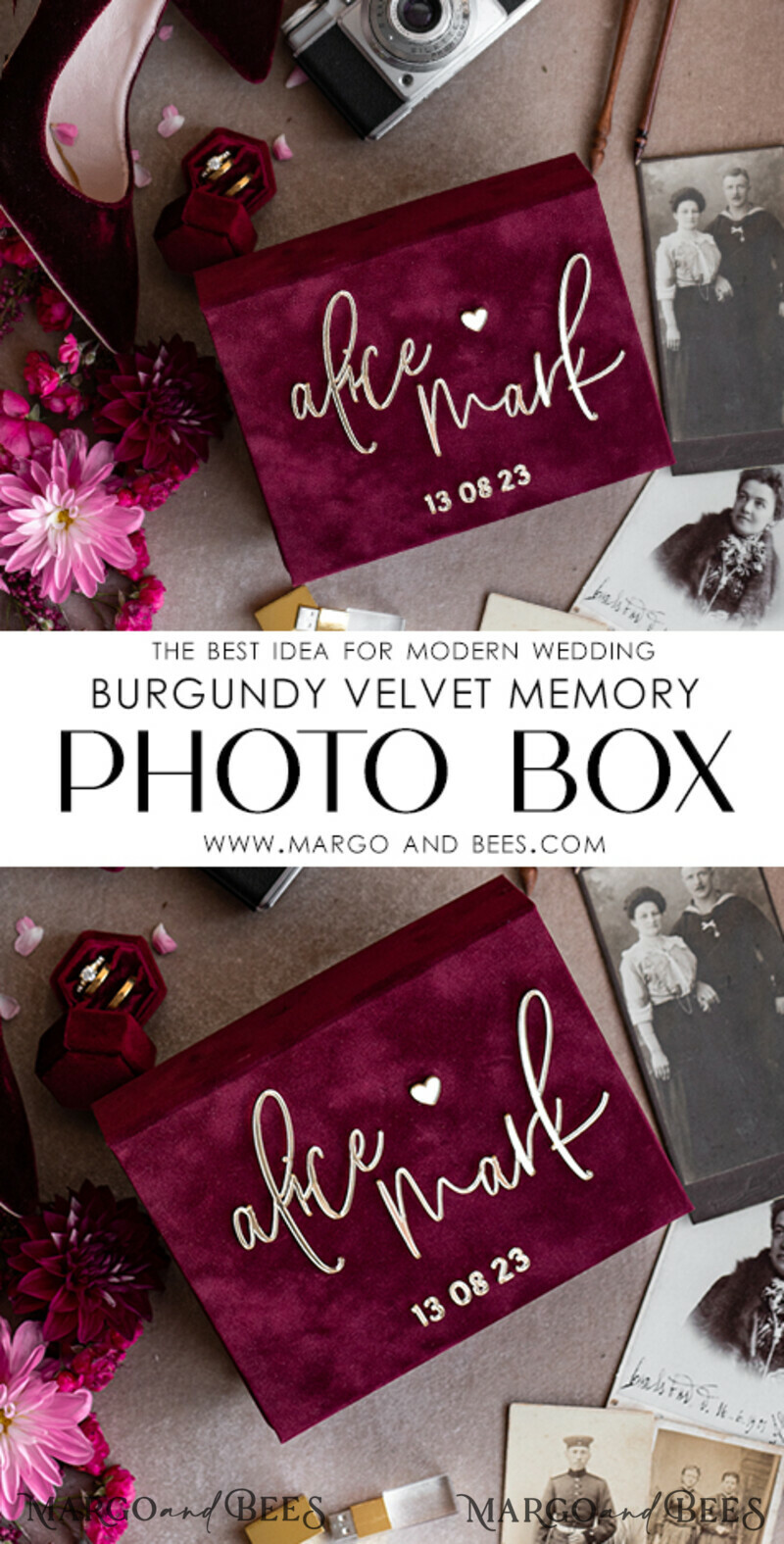 Maroon Velvet Bundle Wedding Keepsake Set- Burgundy Velvet Guestbook & sign, Fall Masrala Golden Photobox for pictures-11