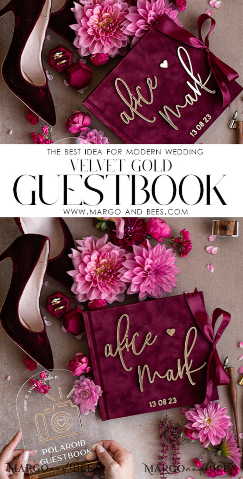 Maroon Velvet Bundle Wedding Keepsake Set- Burgundy Velvet Guestbook & sign, Fall Masrala Golden Photobox for pictures-7