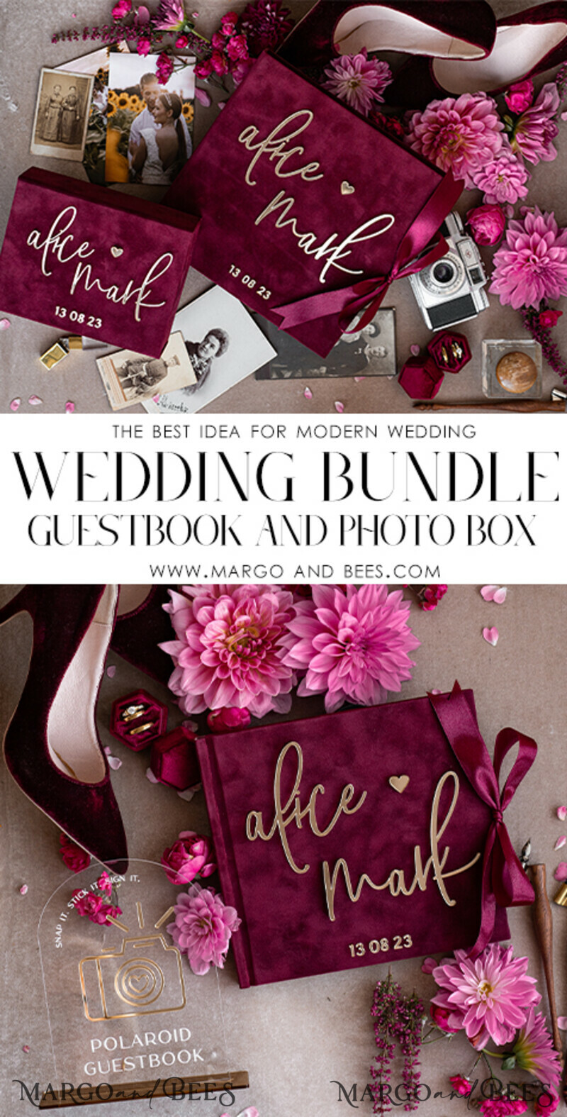 Maroon Velvet Bundle Wedding Keepsake Set- Burgundy Velvet Guestbook & sign, Fall Masrala Golden Photobox for pictures-3