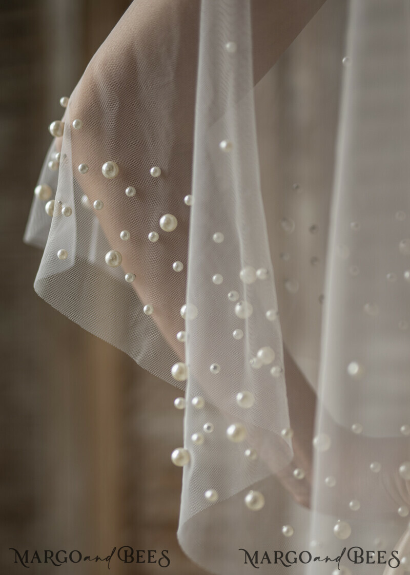 Wedding Cape Pearls, Wedding Mesh Shrug, Bridal Beaded Tulle wedding Coverup, Wedding Dress Topper with pearls, Bridal Capelet mesh-5