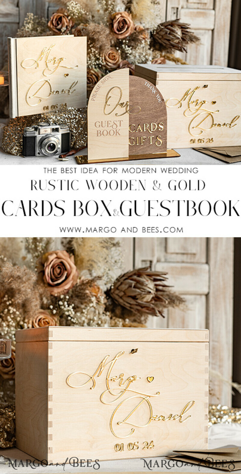 rustic wood Set Card Box Guestbook & Sign, Wedding Card Box with lock Instant Instax Guestbook, wooden Wedding Money Box Sing Guestbook Set, Card Box with slot and lock cards and gift Arch acrylic sign set-3