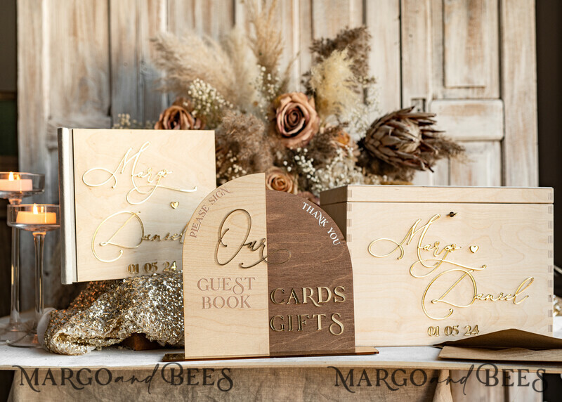 rustic wood Set Card Box Guestbook & Sign, Wedding Card Box with lock Instant Instax Guestbook, wooden Wedding Money Box Sing Guestbook Set, Card Box with slot and lock cards and gift Arch acrylic sign set-26