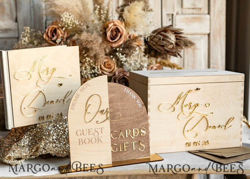 rustic wood Set Card Box Guestbook & Sign, Wedding Card Box with lock Instant Instax Guestbook, wooden Wedding Money Box Sing Guestbook Set, Card Box with slot and lock cards and gift Arch acrylic sign set-27