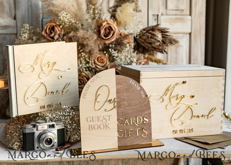 rustic wood Set Card Box Guestbook & Sign, Wedding Card Box with lock Instant Instax Guestbook, wooden Wedding Money Box Sing Guestbook Set, Card Box with slot and lock cards and gift Arch acrylic sign set-28