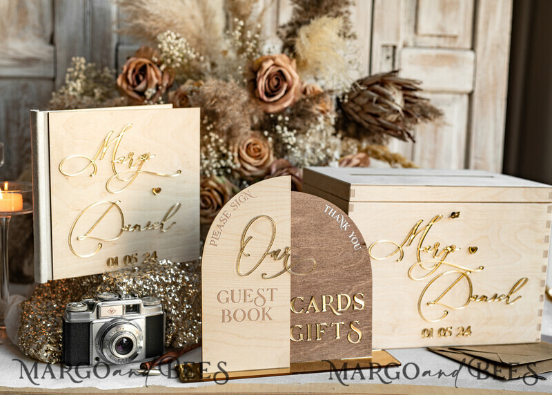 rustic wood Set Card Box Guestbook & Sign, Wedding Card Box with lock Instant Instax Guestbook, wooden Wedding Money Box Sing Guestbook Set, Card Box with slot and lock cards and gift Arch acrylic sign set-29