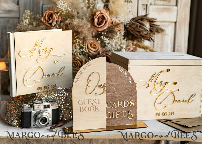 rustic wood Set Card Box Guestbook & Sign, Wedding Card Box with lock Instant Instax Guestbook, wooden Wedding Money Box Sing Guestbook Set, Card Box with slot and lock cards and gift Arch acrylic sign set-1