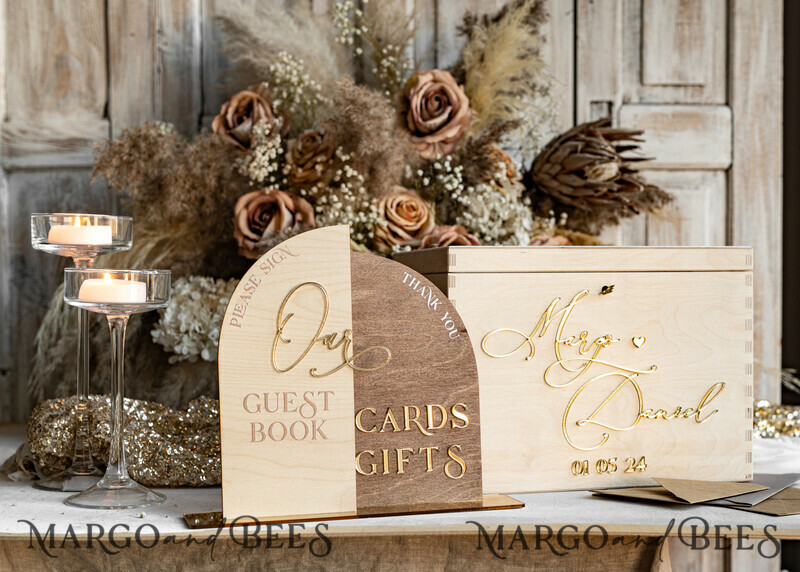 rustic wood Set Card Box Guestbook & Sign, Wedding Card Box with lock Instant Instax Guestbook, wooden Wedding Money Box Sing Guestbook Set, Card Box with slot and lock cards and gift Arch acrylic sign set-23