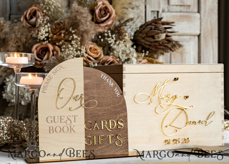 rustic wood Set Card Box Guestbook & Sign, Wedding Card Box with lock Instant Instax Guestbook, wooden Wedding Money Box Sing Guestbook Set, Card Box with slot and lock cards and gift Arch acrylic sign set-24