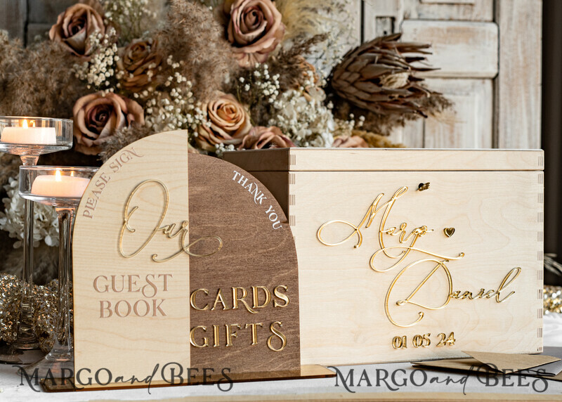 rustic wood Set Card Box Guestbook & Sign, Wedding Card Box with lock Instant Instax Guestbook, wooden Wedding Money Box Sing Guestbook Set, Card Box with slot and lock cards and gift Arch acrylic sign set-25