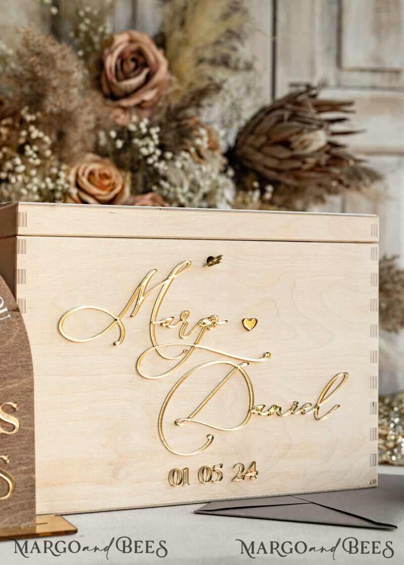 rustic wood Set Card Box & Sign, Wedding Card Box with lock cards gifts sign with stand, wooden Wedding Money Box Sing Guestbook Set-11