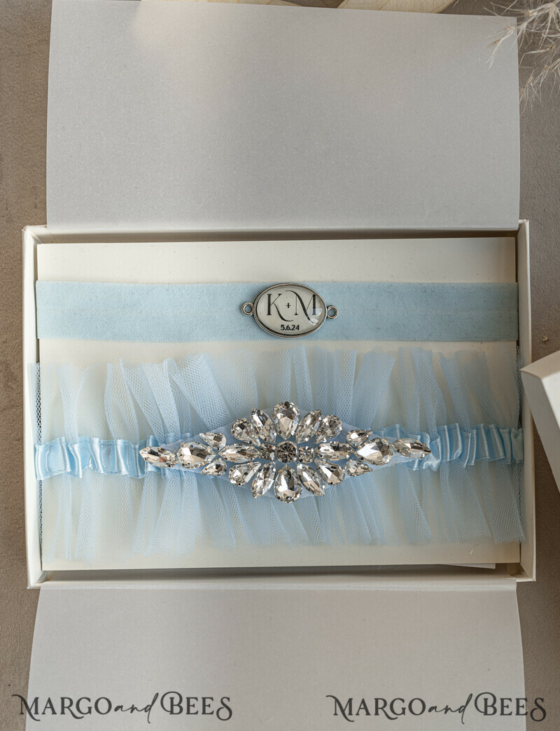 Set of Two gartes, personalised wedding garter in box, something blue tulle garter & personalised toss set, garter for bride, bridal shower gift for bride, tulle garter set, gift for bride, toss garter-0