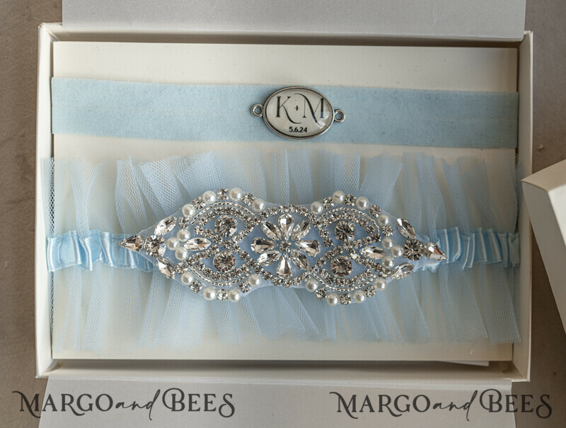 Set of Two gartes, personalised wedding garter in box, something blue tulle garter & personalised toss set-0