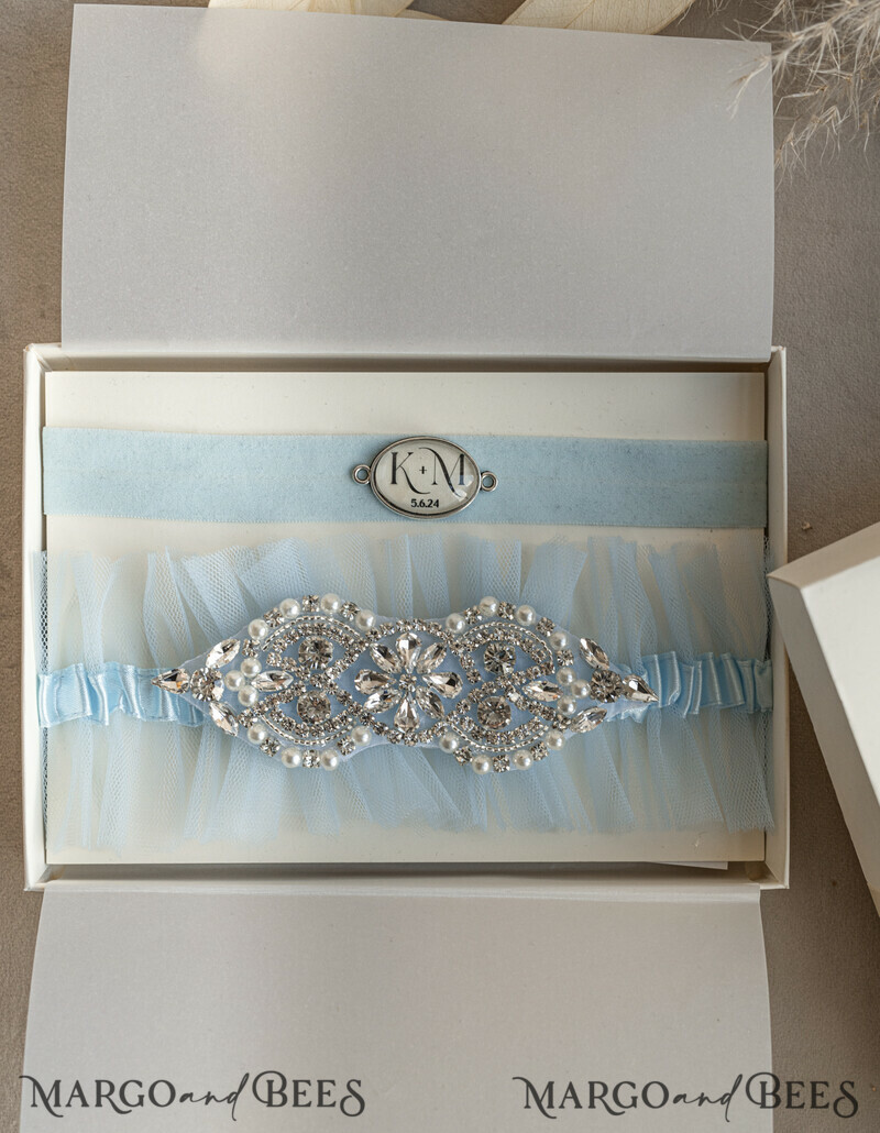 Set of Two gartes, personalised wedding garter in box, something blue tulle garter & personalised toss set-2