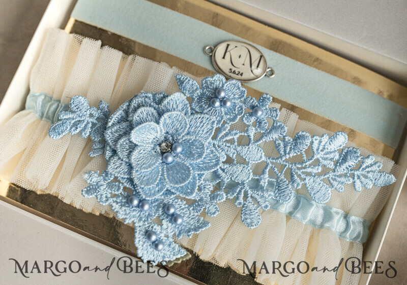 Set of Two gartes, personalised wedding garter in box, something blue tulle garter & personalised toss set, garter for bride, bridal shower gift for bride, tulle garter set, gift for bride, toss garter-0