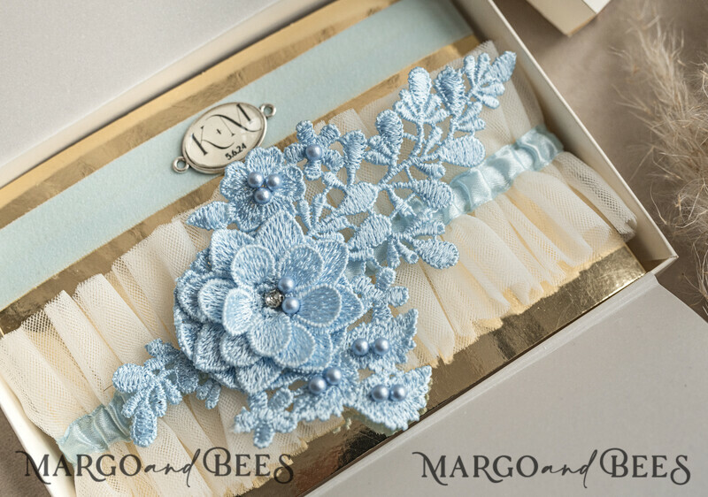 Set of Two gartes, personalised wedding garter in box, something blue tulle garter & personalised toss set, garter for bride, bridal shower gift for bride, tulle garter set, gift for bride, toss garter-2
