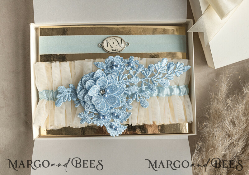 Set of Two gartes, personalised wedding garter in box, something blue tulle garter & personalised toss set, garter for bride, bridal shower gift for bride, tulle garter set, gift for bride, toss garter-3