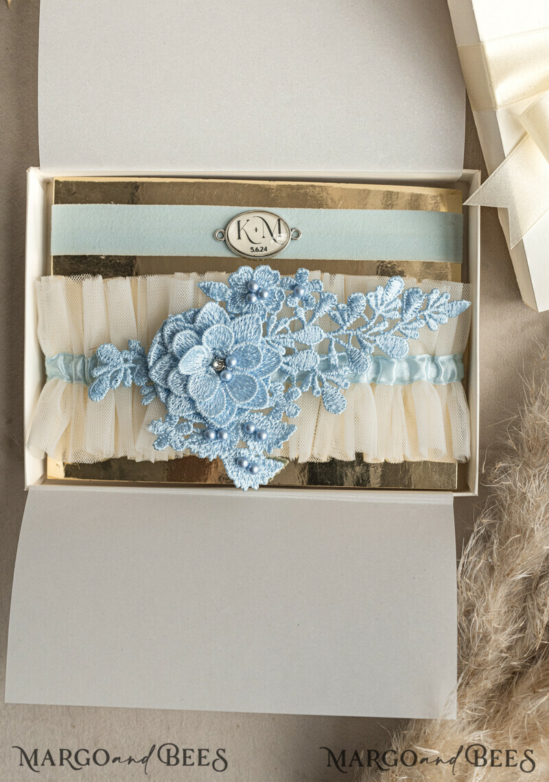 Set of Two gartes, personalised wedding garter in box, something blue tulle garter & personalised toss set, garter for bride, bridal shower gift for bride, tulle garter set, gift for bride, toss garter-4