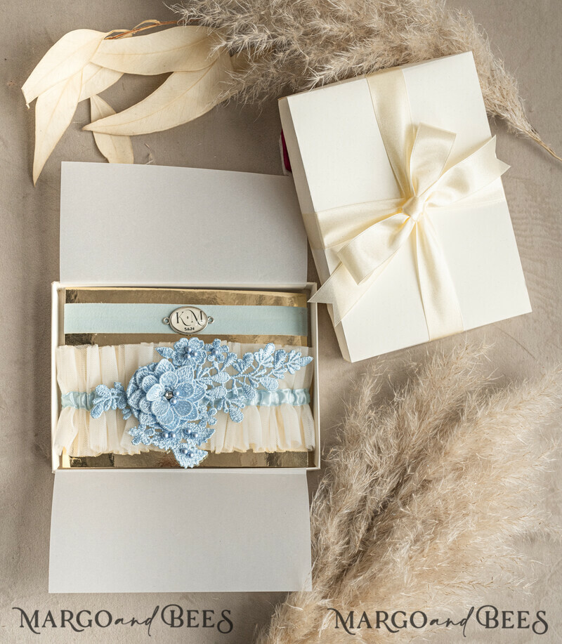 Set of Two gartes, personalised wedding garter in box, something blue tulle garter & personalised toss set, garter for bride, bridal shower gift for bride, tulle garter set, gift for bride, toss garter-5