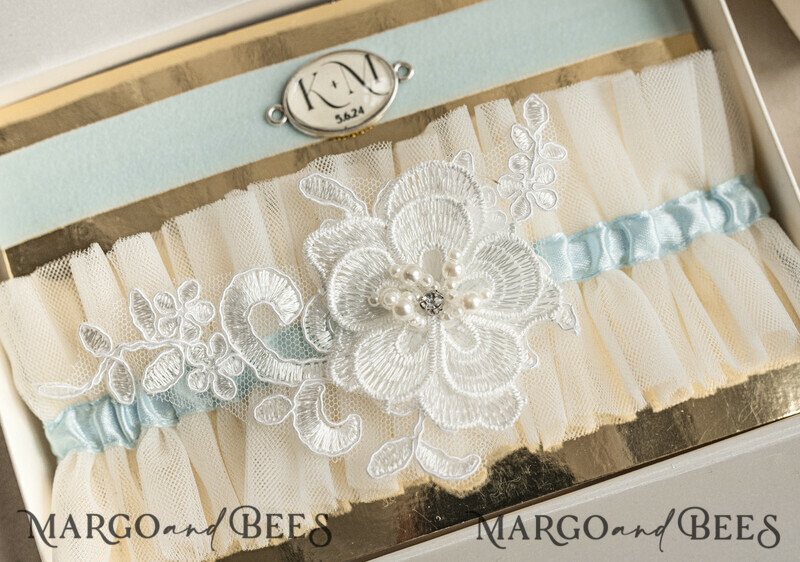 Set of Two gartes, personalised wedding garter in box, something blue tulle garter & personalised toss set-0