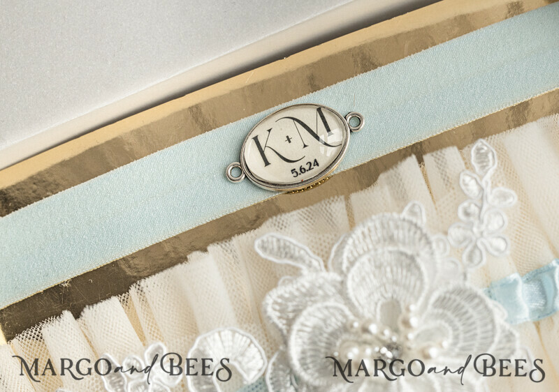 Set of Two gartes, personalised wedding garter in box, something blue tulle garter & personalised toss set-1