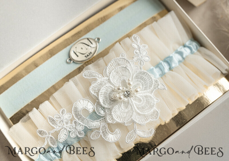 Set of Two gartes, personalised wedding garter in box, something blue tulle garter & personalised toss set-2