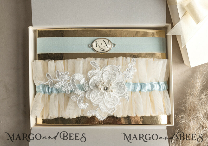 Set of Two gartes, personalised wedding garter in box, something blue tulle garter & personalised toss set-3