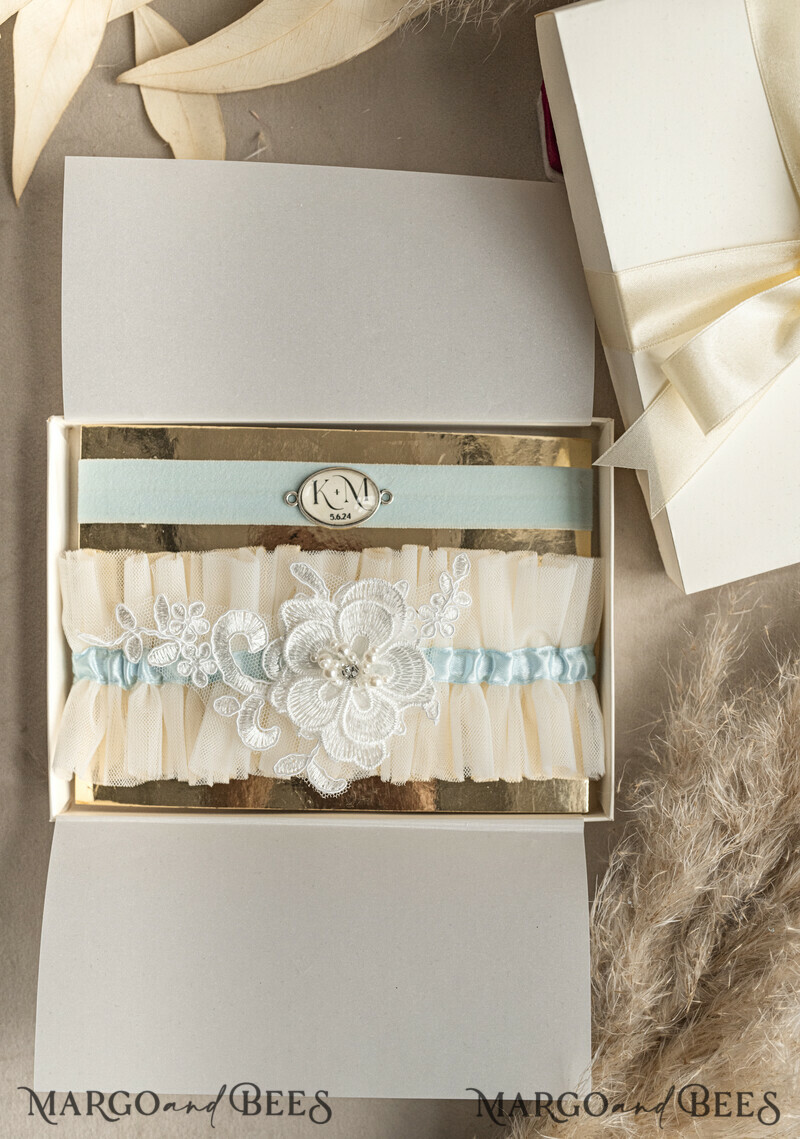 Set of Two gartes, personalised wedding garter in box, something blue tulle garter & personalised toss set-4