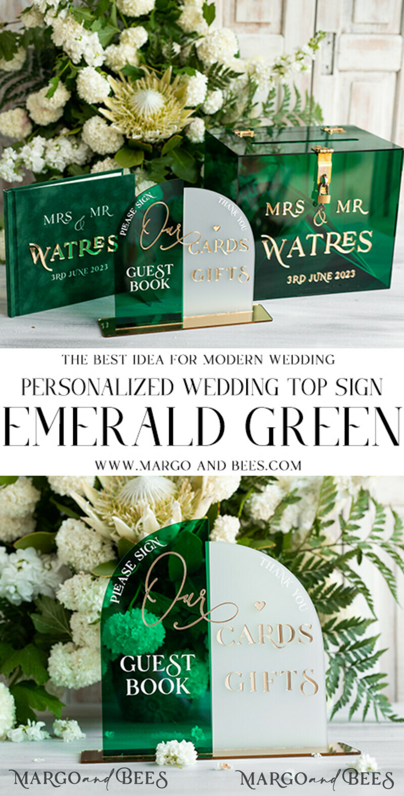 Acrylic Arch cards & guestbook sign Combo , Emerald Green and Frosted Acrylic & gold-12