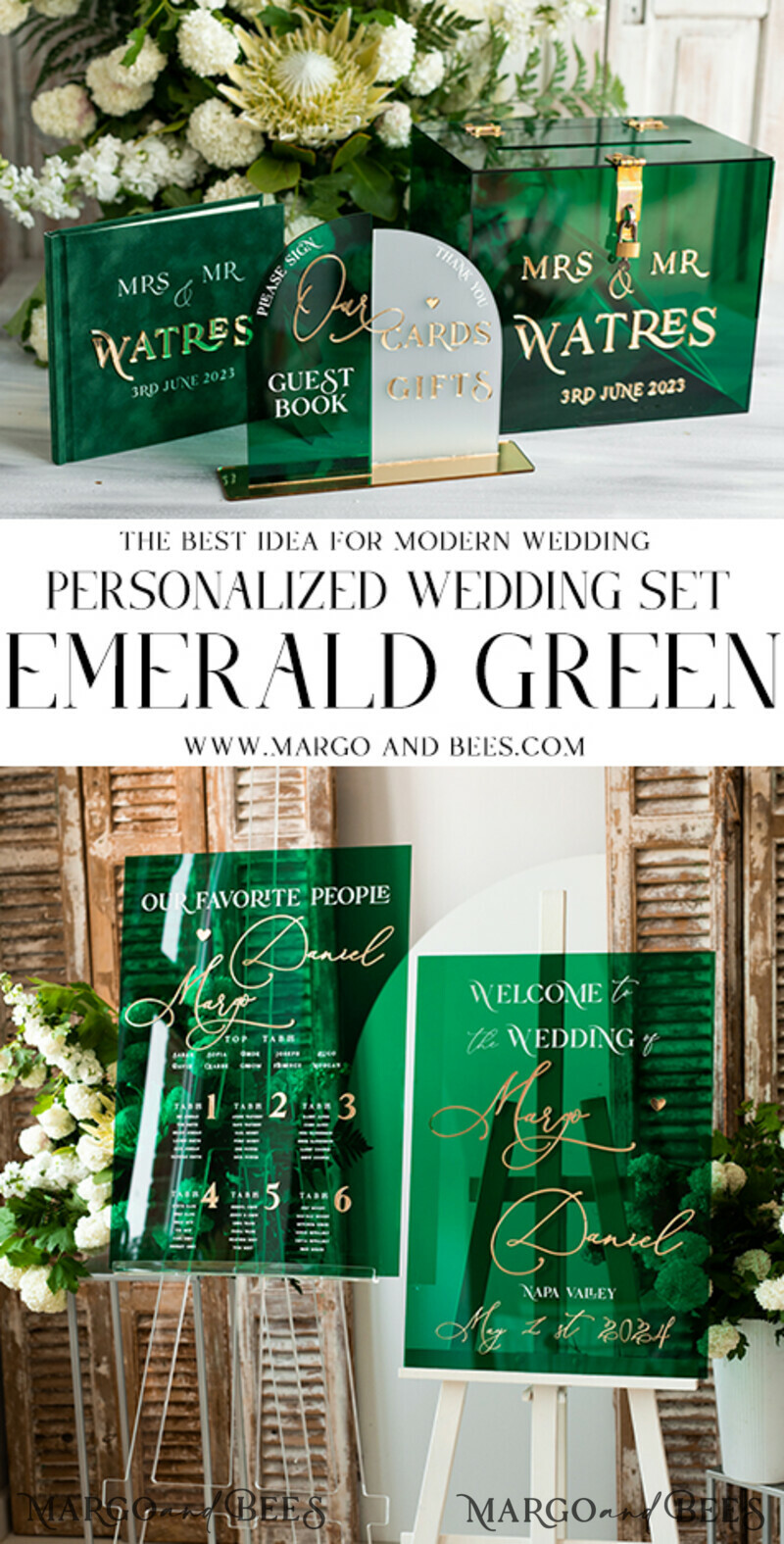 Acrylic Arch cards & guestbook sign Combo , Emerald Green and Frosted Acrylic & gold-7