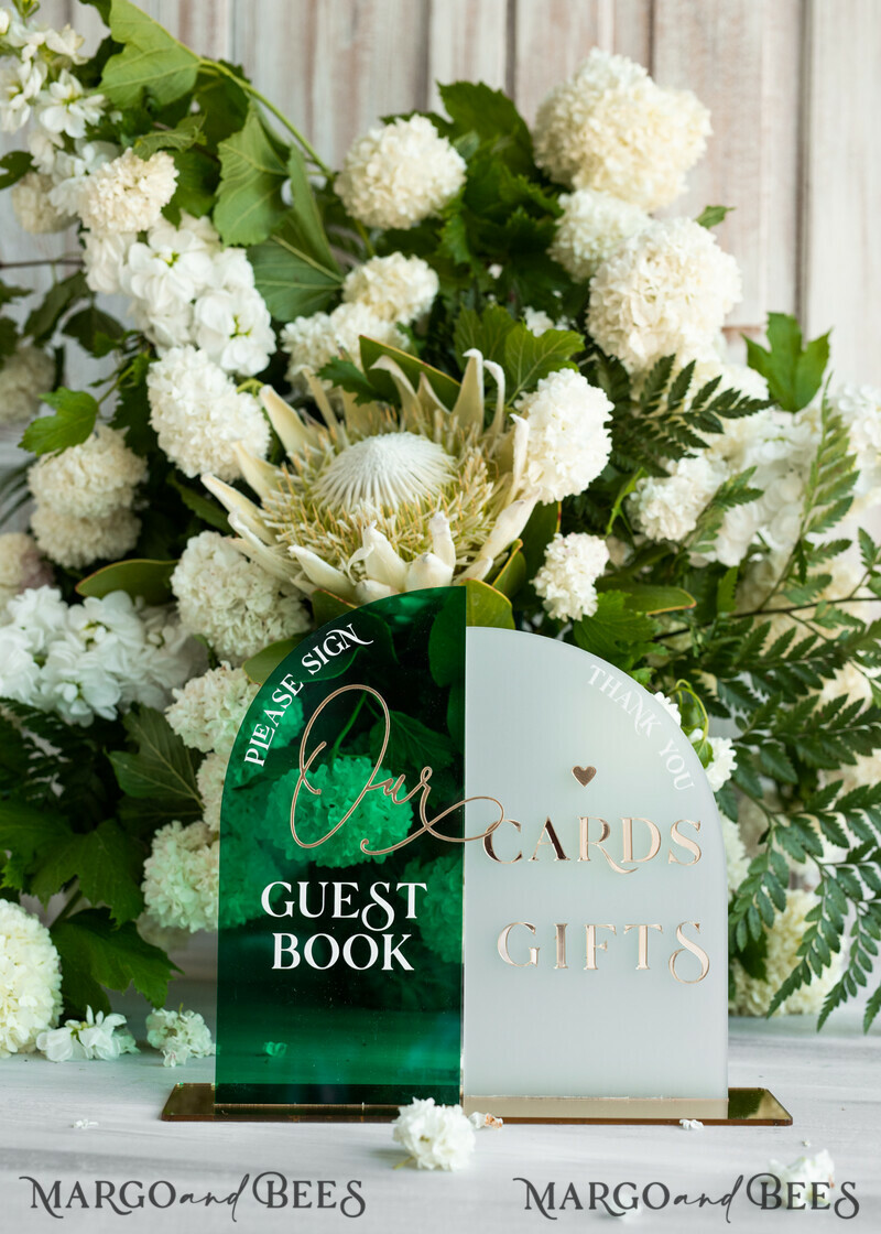 Acrylic Arch cards & guestbook sign Combo , Emerald Green and Frosted Acrylic & gold-3