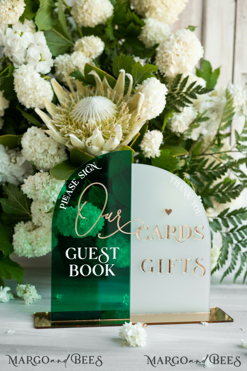 Acrylic Arch cards & guestbook sign Combo , Emerald Green and Frosted Acrylic & gold-1