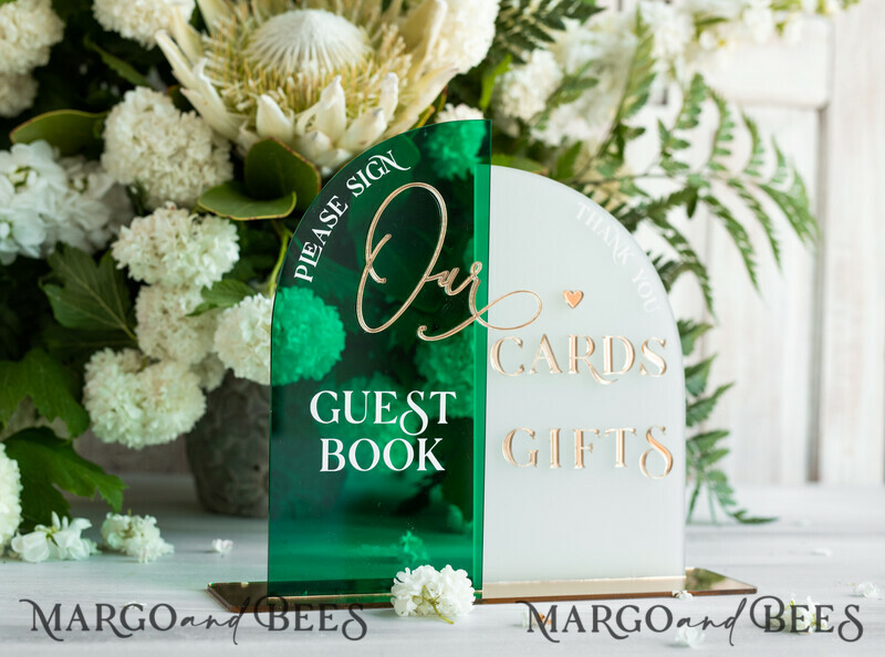 Acrylic Arch cards & guestbook sign Combo , Emerald Green and Frosted Acrylic & gold-5