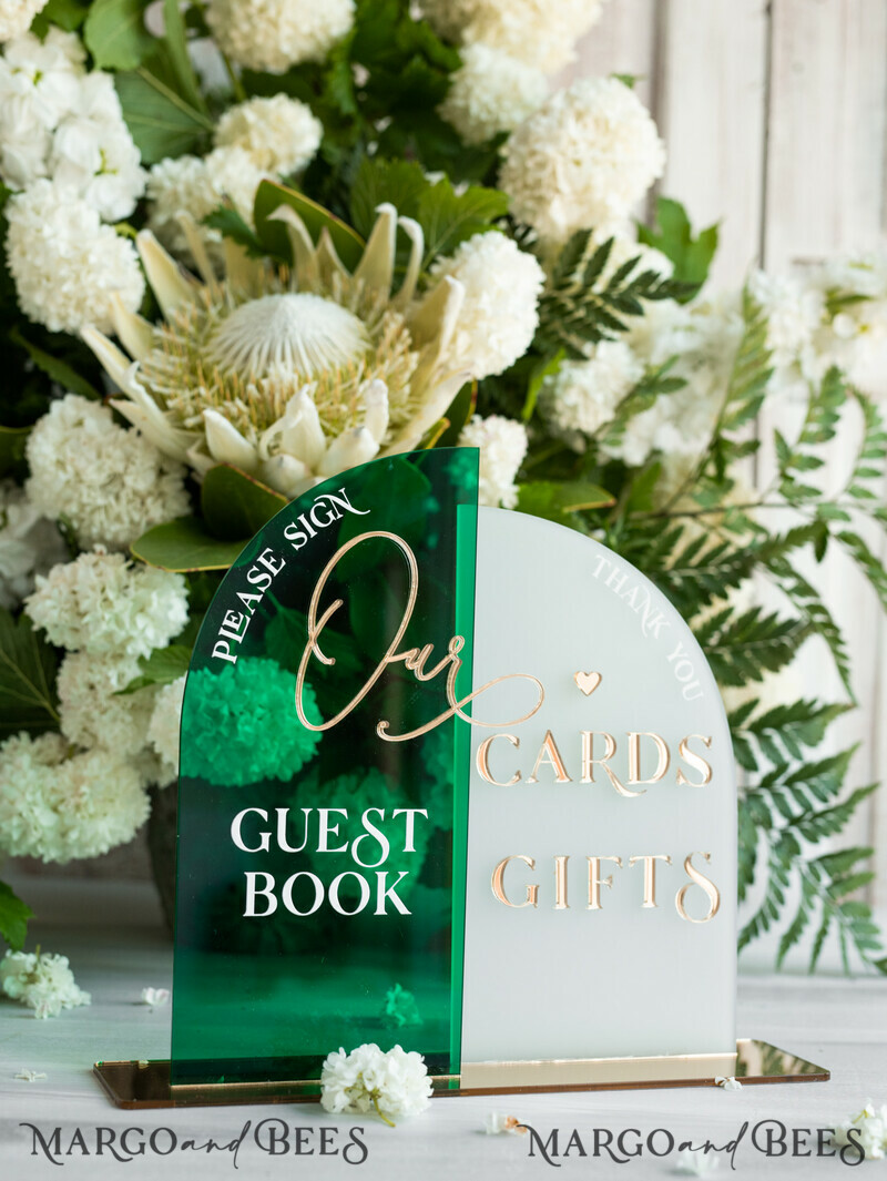 Acrylic Arch cards & guestbook sign Combo , Emerald Green and Frosted Acrylic & gold-8