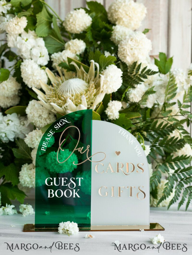 Acrylic Arch cards & guestbook sign Combo , Emerald Green and Frosted Acrylic & gold-10