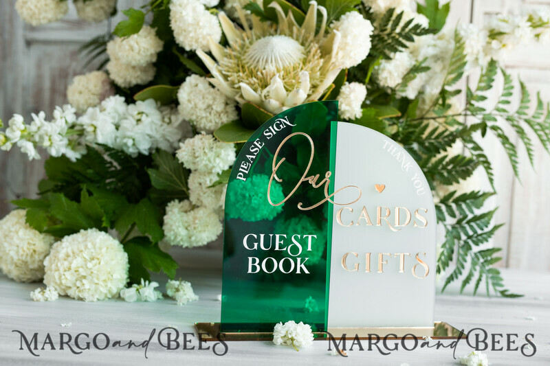 Acrylic Arch cards & guestbook sign Combo , Emerald Green and Frosted Acrylic & gold-13