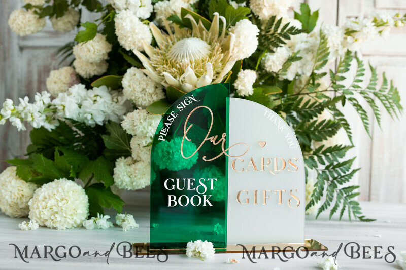 Acrylic Arch cards & guestbook sign Combo , Emerald Green and Frosted Acrylic & gold-17