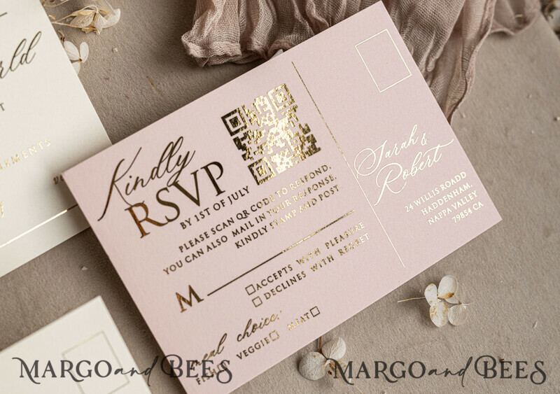 Choose a nostalgic palette of pinks and shimmering gold to create your elegant wedding. Bespoke Embossed Blind Blush Pink Gold Wedding Invitation.-1