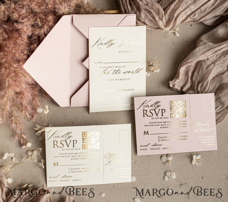 Choose a nostalgic palette of pinks and shimmering gold to create your elegant wedding. Bespoke Embossed Blind Blush Pink Gold Wedding Invitation.-2