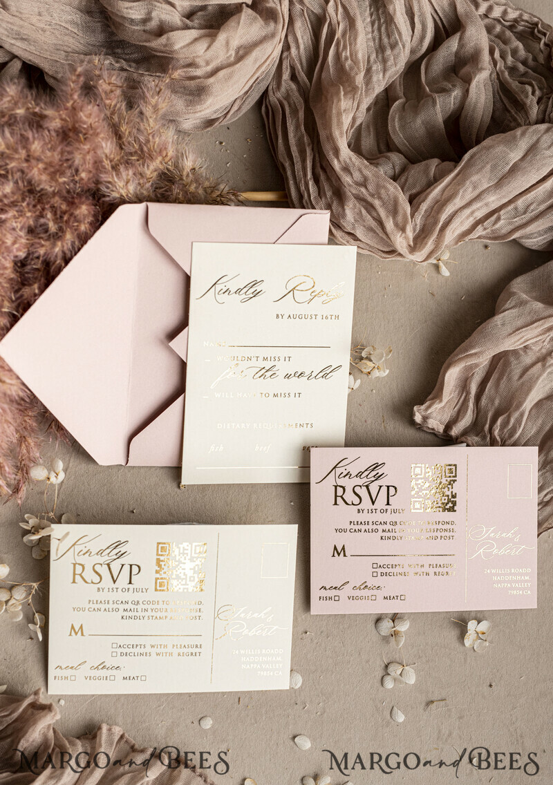 Choose a nostalgic palette of pinks and shimmering gold to create your elegant wedding. Bespoke Embossed Blind Blush Pink Gold Wedding Invitation.-3