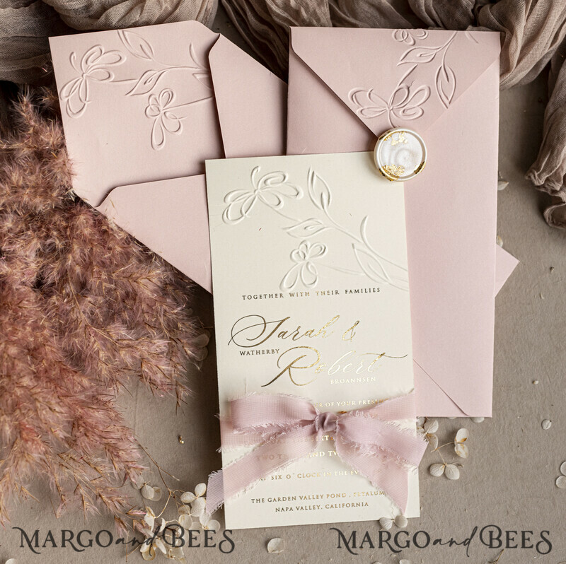 Choose a nostalgic palette of pinks and shimmering gold to create your elegant wedding. Bespoke Embossed Blind Blush Pink Gold Wedding Invitation.-6
