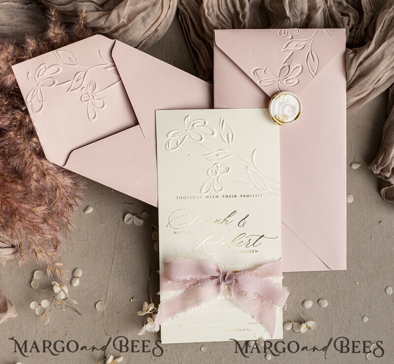 Choose a nostalgic palette of pinks and shimmering gold to create your elegant wedding. Bespoke Embossed Blind Blush Pink Gold Wedding Invitation.-7