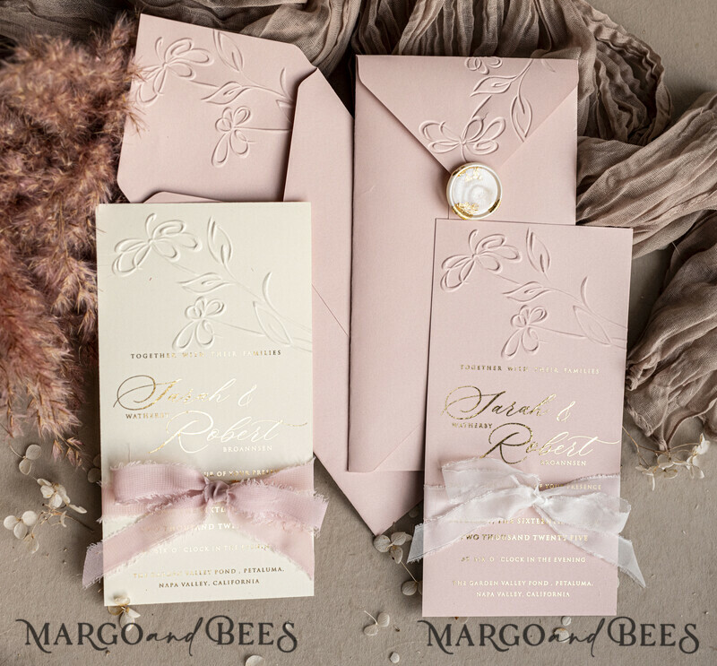 Choose a nostalgic palette of pinks and shimmering gold to create your elegant wedding. Bespoke Embossed Blind Blush Pink Gold Wedding Invitation.-8