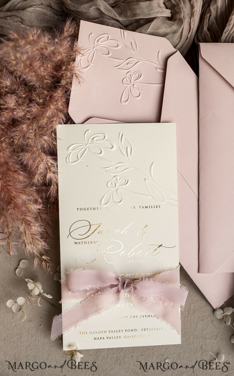 Choose a nostalgic palette of pinks and shimmering gold to create your elegant wedding. Bespoke Embossed Blind Blush Pink Gold Wedding Invitation.-9