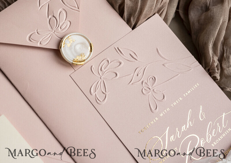 Choose a nostalgic palette of pinks and shimmering gold to create your elegant wedding. Bespoke Embossed Blind Blush Pink Gold Wedding Invitation.-10
