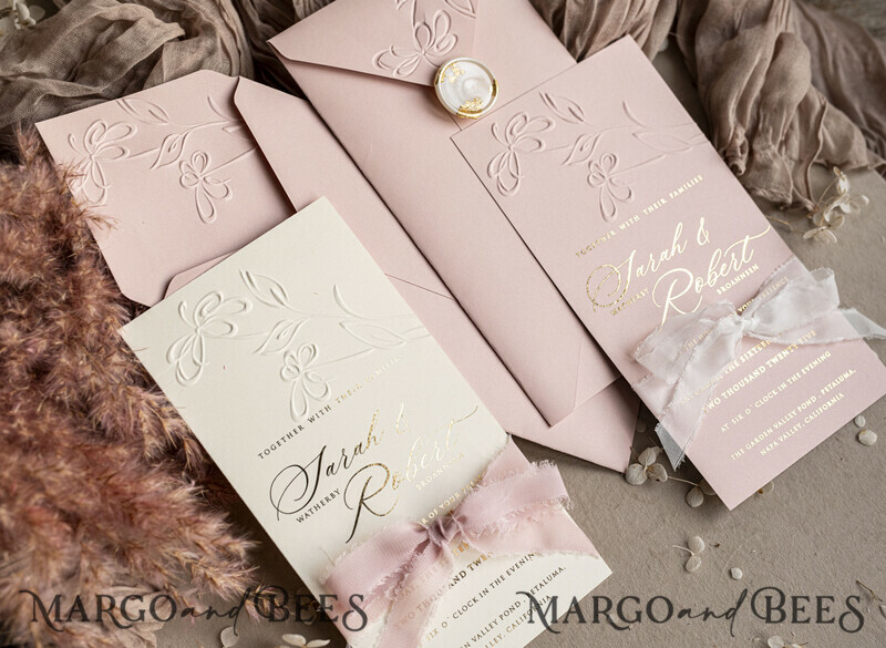 Choose a nostalgic palette of pinks and shimmering gold to create your elegant wedding. Bespoke Embossed Blind Blush Pink Gold Wedding Invitation.-11