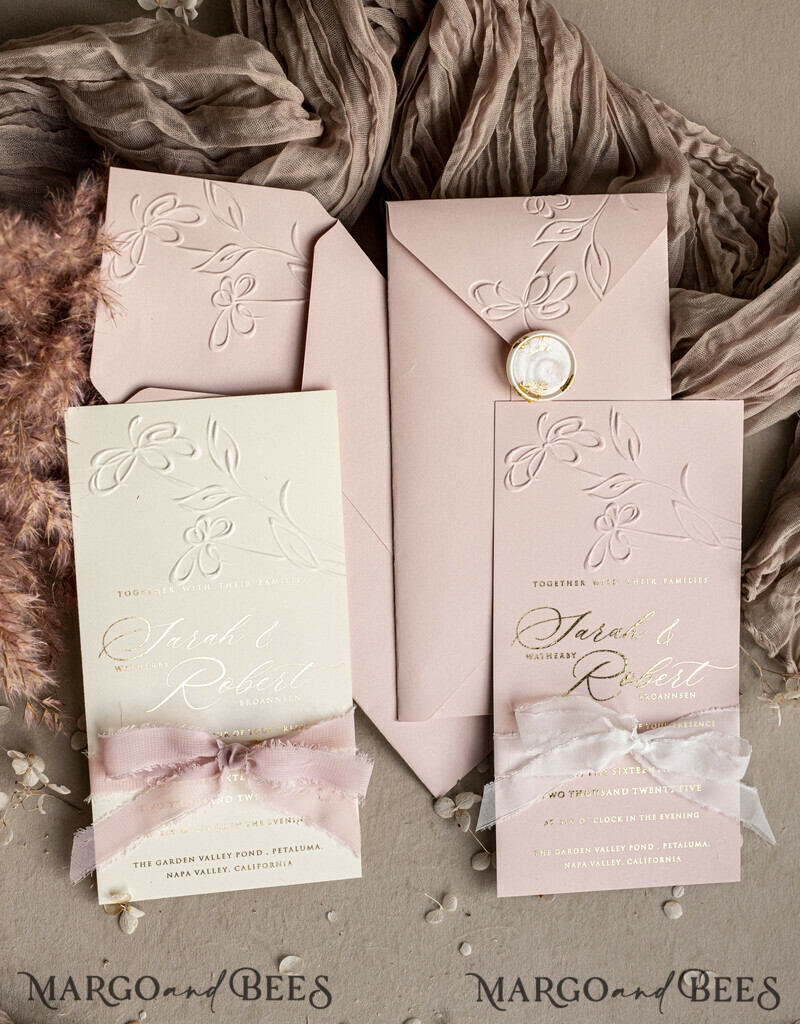 Choose a nostalgic palette of pinks and shimmering gold to create your elegant wedding. Bespoke Embossed Blind Blush Pink Gold Wedding Invitation.-12