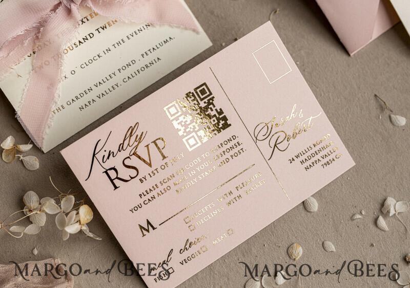 Choose a nostalgic palette of pinks and shimmering gold to create your elegant wedding. Bespoke Embossed Blind Blush Pink Gold Wedding Invitation.-13