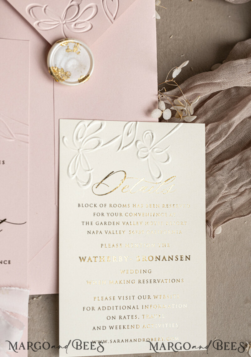 Choose a nostalgic palette of pinks and shimmering gold to create your elegant wedding. Bespoke Embossed Blind Blush Pink Gold Wedding Invitation.-4