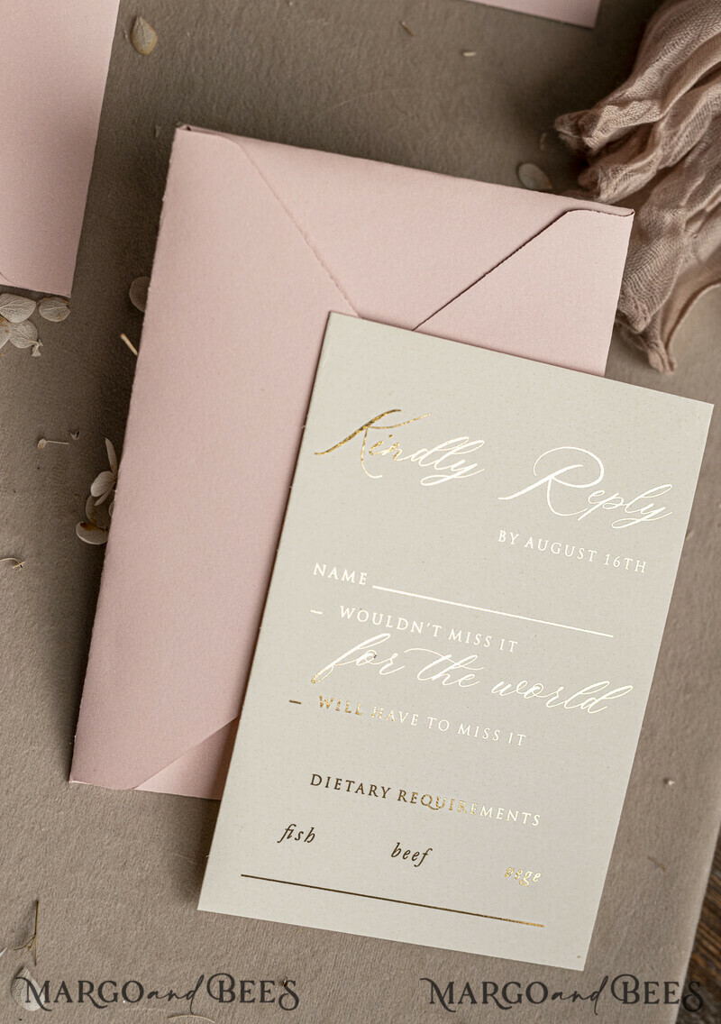Choose a nostalgic palette of pinks and shimmering gold to create your elegant wedding. Bespoke Embossed Blind Blush Pink Gold Wedding Invitation.-14