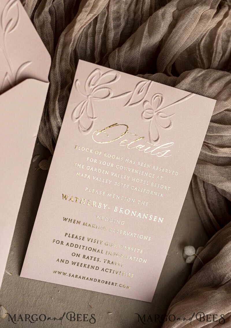 Choose a nostalgic palette of pinks and shimmering gold to create your elegant wedding. Bespoke Embossed Blind Blush Pink Gold Wedding Invitation.-15